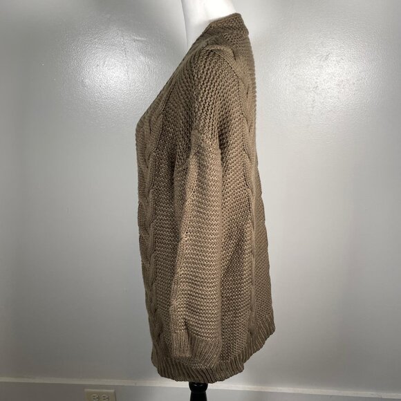 Olive Green Shawl Neck Open Front Waffle Cable Knit 3/4 Sleeve Cardigan L - Picture 6 of 11